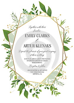 Wedding Invitation, floral invite save the date modern card Design: greenery leaves, forest greenery, herbs, natural plants, bran