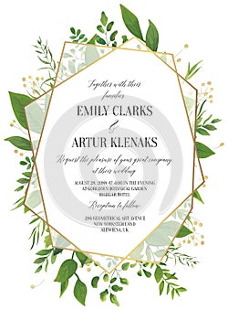 Wedding Invitation, floral invite save the date modern card Design: greenery leaves, forest greenery, herbs, natural plants, bran photo