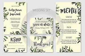 Wedding Invitation, floral invite, thank you, rsvp card design. Eucalyptus, forest fern, herbs, eucalyptus, branches boxwood,