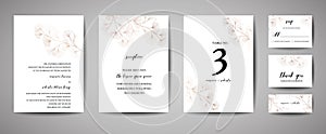 Wedding Invitation, floral invite thank you, rsvp modern card Design in copper ginkgo biloba leaves branches photo