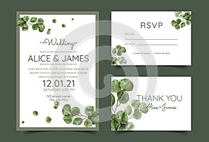 Wedding Invitation, floral invite thank you, rsvp modern card Design: green tropical eucalyptus leaf greenery eucalyptus branches