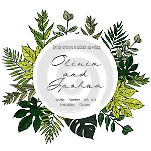 Wedding Invitation, floral invite thank you, rsvp modern card Design: green tropical palm leaf greenery