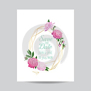 Wedding Invitation Floral Template with Pink Peonies. Save the Date Geometric Golden Frame with Flowers