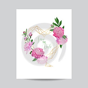 Wedding Invitation Floral Template with Pink Peonies. Save the Date Geometric Golden Frame with Flowers