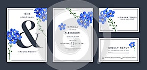 Wedding invitation, floral thank you cards, rsvp modern postcard design with realistic blue forget-me-not flowers.