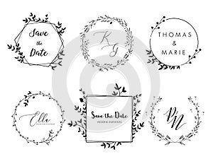 Wedding invitation floral wreath minimal design. Vector template with flourishes ornament elements