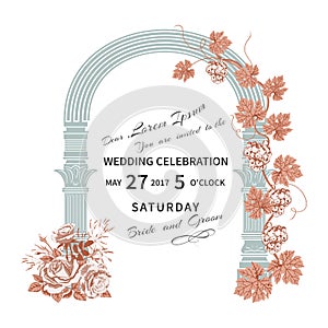 Wedding invitation with flowers roses and vintage architectural archway, twined with vine.