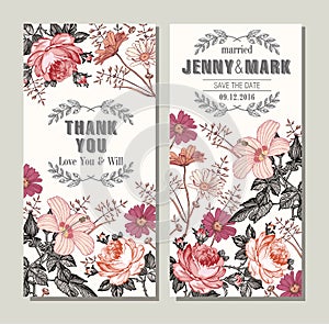 Wedding invitation Frame Beautiful flowers Chamomile Roses hibiscus mallow Vector victorian Illustration Drawing engraving