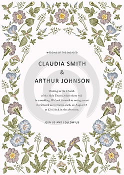 Wedding invitation Frame Beautiful flowers Primula Petunia heliotrope Vector victorian Illustration Drawing engraving