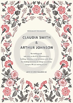 Wedding invitation Frame Beautiful flowers Primula Petunia heliotrope Vector victorian Illustration Drawing engraving