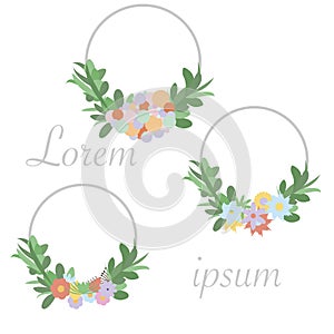 Wedding invitation frame set; flowers, leaves, isolated on white. Sketched wreath, floral and herbs garland with green, greenery c