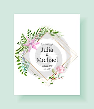 Wedding invitation frame set flowers, leaves, watercolor, isolated on white. Sketched wreath, floral and herbs garland