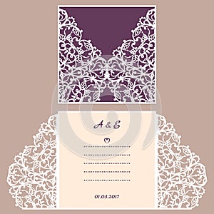 Wedding invitation or greeting card with abstract ornament. Vector envelope template for laser cutting. Paper cut card