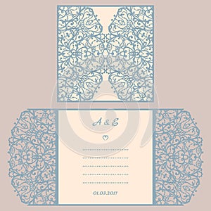 Wedding invitation or greeting card with abstract ornament. Vector envelope template for laser cutting. Paper cut card