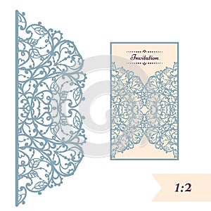 Wedding invitation or greeting card with abstract ornament. Vector envelope template for laser cutting. Paper cut card