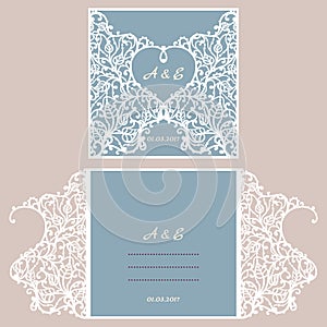 Wedding invitation or greeting card with abstract ornament. Vector envelope template for laser cutting. Paper cut card