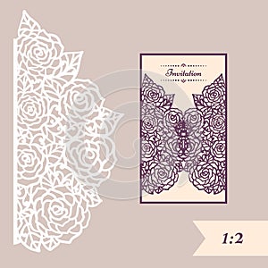 Wedding invitation or greeting card with abstract ornament. Vector envelope template for laser cutting. Paper cut card