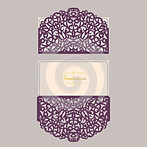 Wedding invitation or greeting card with abstract ornament. Vector envelope template for laser cutting. Paper cut card