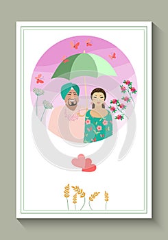 Wedding invitation or greeting card with cute loving couple under umbrella