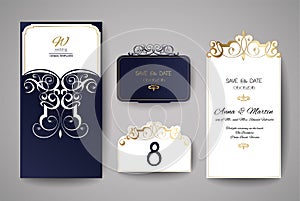 Wedding invitation or greeting card with gold floral ornament. Wedding invitation envelope for laser cutting.