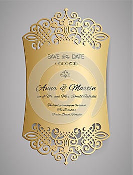 Wedding invitation or greeting card with gold floral ornament. Wedding invitation envelope for laser cutting.