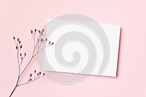 Wedding invitation or greeting card mockup, blank mockup with copy space on pink background