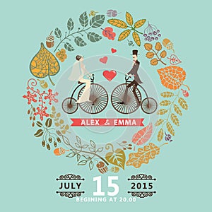 Wedding invitation .Groom,bride,retro bicycle,autumn wreath