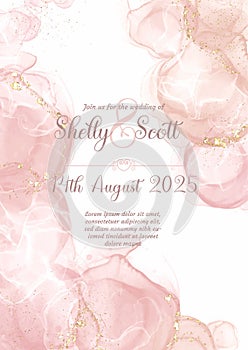 Wedding invitation with hand painted pink alcohol ink design