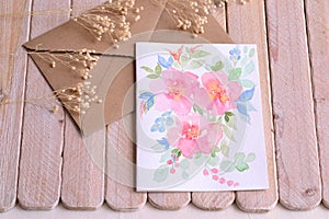 Wedding invitation hand painted watercolor floral card romantic style pink flowers and craft envelope