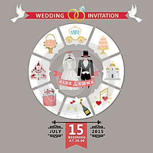 Wedding invitation in infographic style.Retro wedding wear