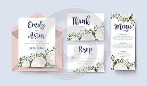 Wedding Invitation invite card Design with watercolor white rose ranunculus garden flower privet blue berry eucalyptus mistletoe g