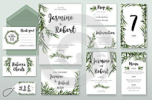 Wedding Invitation invite card Design with willow Eucalyptus green agonis branches, leaves foliage composition greenery wreath. V photo