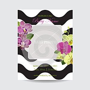 Wedding Invitation Layout Template with Orchid Flowers. Save the Date Floral Card with Exotic Flowers for Baby Shower