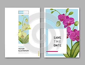 Wedding Invitation Layout Template with Orchid Flowers. Save the Date Floral Card with Exotic Flowers for Party