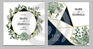 Wedding invitation with leaves, succulent and golden elements in watercolor style. Eucalyptus, magnolia, fern and other