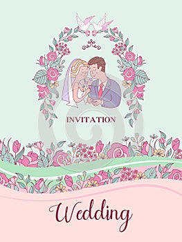 Wedding invitation. Lovely wedding card with the bride and groom