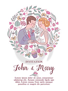 Wedding invitation. Lovely wedding card with the bride and groom