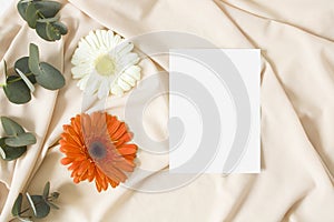 Wedding invitation mockup with gerbera and nude fabric