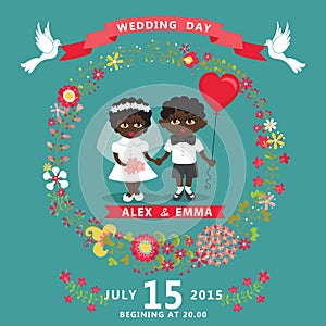 Wedding invitation with mulatto baby Bride,groom,floral wreath