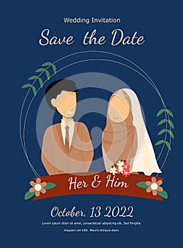 Wedding invitation with muslim couple illustration. simple and elegant wedding template