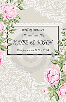 wedding invitation with peonies and lace