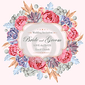 Wedding invitation with peony roses and succulents