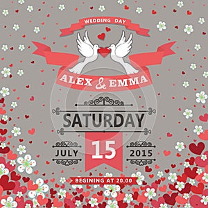 Wedding invitation.Pigeons,flying hearts,flowers background