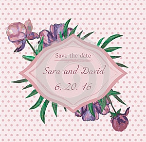 Wedding invitation with pink peonies. Save the date