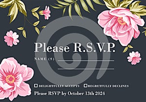 Wedding invitation with pink peony flowers on gray background.