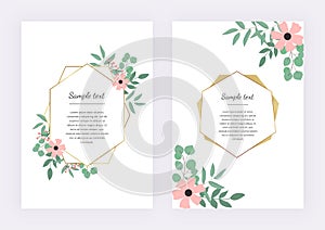 Wedding invitation with polygonal geometric frame, golden lines with leaves eucalyptus. Botanical design template