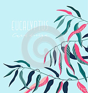 Wedding invitation, save the date card design with cute Eucalyptus tree branches with green and pink leaves. Vector illustration.
