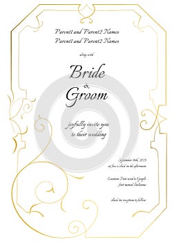 Wedding invitation save the date card design golden filigree