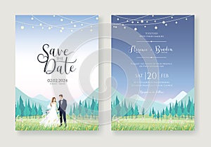 Wedding Invitation, save the date, card template. Vector. The bride and groom stood in a field of flowers.