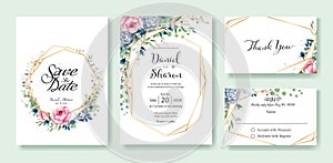 Wedding Invitation, save the date, thank you, RSVP card Design template. Queen of Sweden rose flower, leaves, succulent plant, Ane